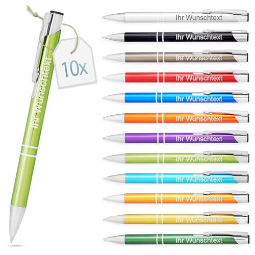Kugelschreiber mit Gravur | personalisierter Stift mit Wunschtext | blaue Mine | Werbegeschenk & Werbeartikel | personalisierte Kulis für Hochzeit, Büro & Schule (Hellgrün, 10 Stück) von Gravurtastisch