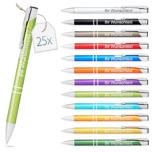 Kugelschreiber mit Gravur | personalisierter Stift mit Wunschtext | blaue Mine | Werbegeschenk & Werbeartikel | personalisierte Kulis für Hochzeit, Büro & Schule (Hellgrün, 25Stück) von Gravurtastisch