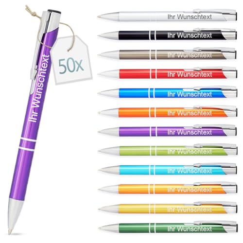 Kugelschreiber mit Gravur | personalisierter Stift mit Wunschtext | blaue Mine | Werbegeschenk & Werbeartikel | personalisierte Kulis für Hochzeit, Büro & Schule (Lila, 50 Stück) von Gravurtastisch
