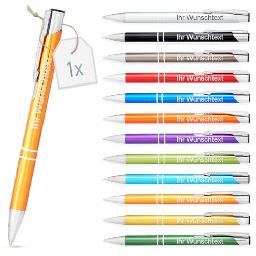 Kugelschreiber mit Gravur | personalisierter Stift mit Wunschtext | blaue Mine | Werbegeschenk & Werbeartikel | personalisierte Kulis für Hochzeit, Büro & Schule (Orange, 1Stück) von Gravurtastisch