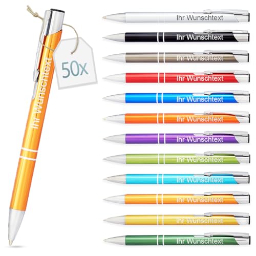 Kugelschreiber mit Gravur | personalisierter Stift mit Wunschtext | blaue Mine | Werbegeschenk & Werbeartikel | personalisierte Kulis für Hochzeit, Büro & Schule (Orange, 50 Stück) von Gravurtastisch