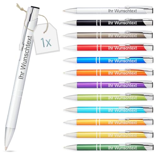 Kugelschreiber mit Gravur | personalisierter Stift mit Wunschtext | blaue Mine | Werbegeschenk & Werbeartikel | personalisierte Kulis für Hochzeit, Büro & Schule (Silber, 1 Stück) von Gravurtastisch