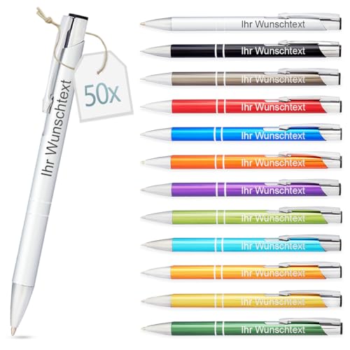 Kugelschreiber mit Gravur | personalisierter Stift mit Wunschtext | blaue Mine | Werbegeschenk & Werbeartikel | personalisierte Kulis für Hochzeit, Büro & Schule (Silber, 50 Stück) von Gravurtastisch