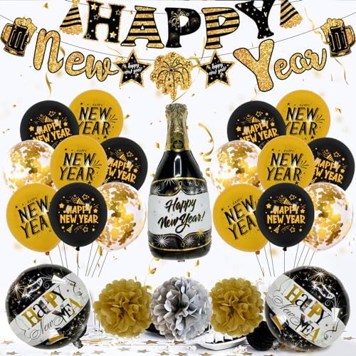 2024 Ballon-Kits, Neujahrsparty-Dekor-Set, festliche schwarze und goldene Wimpelkette, Girlanden, Zahlendekorationen, Urlaubsbedarf, Schwarz und Gold mit Sterndekor von Greabuy