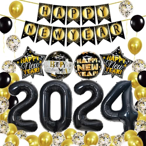 2024 Neujahr Party Dekoration Set Happy New Year Ballon Zubehör Foto Requisiten mit Bannern Zahlenballon Photo Booth Requisiten von Greabuy