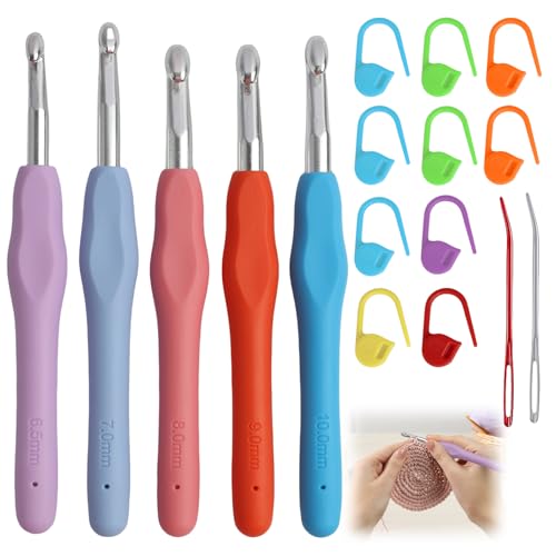 Große Häkelnadel Set, 5 Stück Große Häkelnadeln mit Weiche Griffe, 6,5 mm/7 mm/8 mm/9 mm/10 mm, Ergonomisches Häkeln für Anfänger und Kinder, Perfekt für Pullover Schals Teppich von Greacesrio