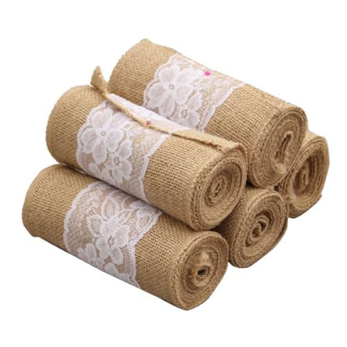 GreatRise 1 Rolle 15×240cm Juteband Breite Leinwand Band mit Weiß Spitze Vintage Basteln Jutebänder Jute Spitzenband Spitze Dekoband für DIY Handwerk Schleife Hochzeit Weihnachten Party Tisch Deko von GreatRise