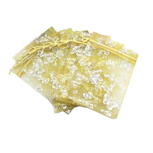 GreatRise 10 Stück Organzasäckchen mit Kordelzug 10×12cm Organzabeutel Schmetterling Muster Organza Geschenkbeutel Tüll Schmuckbeutel Geschenksäckchen für Schmuck Kosmetik Süßigkeiten Hellgelb von GreatRise