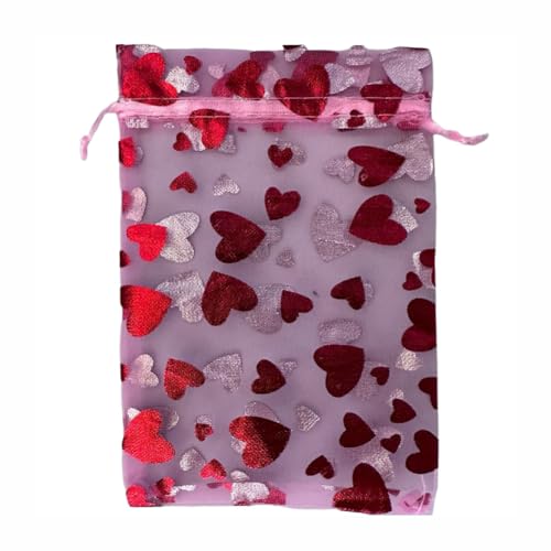 GreatRise 100pcs 13×18cm Organzasäckchen mit Kordelzug Herz Organza Geschenkbeutel zum Befüllen Süßigkeiten Schmuck, Gaze Säckchen Schmuckbeutel für Hochzeit Valentinstag Geburtstag Party Rosa von GreatRise