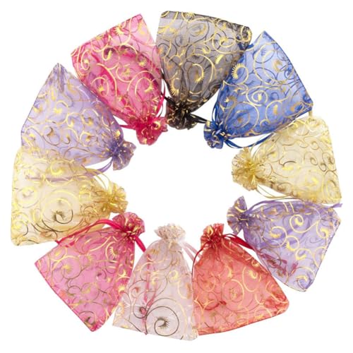 GreatRise 100pcs 7×9cm Organzasäckchen mit Kordelzug Druckt Organzabeutel Hochzeit Geschenktüten Kleine Organza Säckchen Weihnachten Geschenkbeutel Geburtstag Schmuckbeutel Farbenmix von GreatRise