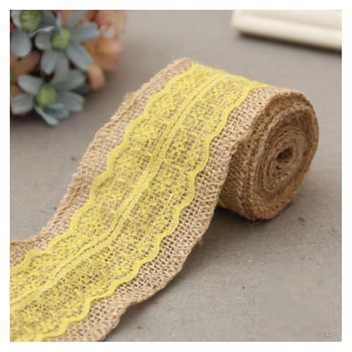 GreatRise 2 Meter × 6cm Natürliche Juteband mit Spitze Vintage Jute-Spitzenband Sackleinen Dekoband Geschenkband Stoffband für DIY Scrapbooking Geschenkverpackung Hochzeit Party Deko Gelb von GreatRise