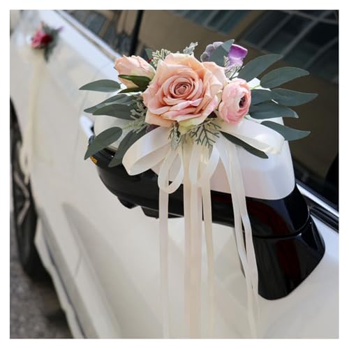 GreatRise 2 Stück Autoschleifen Hochzeit mit Saugnäpfen Autoschmuck Künstliche Blume Blätter Auto Schleifen Dekoration Schleifenband für Hochzeitsauto Rückspiegel Türgriff Hochzeitsdeko Champagner von GreatRise