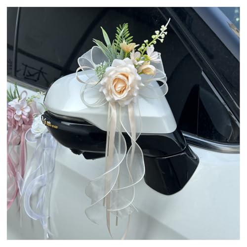 GreatRise 4 Stück Auto Seidenblume Schleifen Simulation Rose Organzband Autoschleifen Autoschmuck Hochzeitsschleifen für Hochzeitsauto Türgriffleiste Rückspiegel Stuhl Zurück Hochzeit Deko Champagner von GreatRise