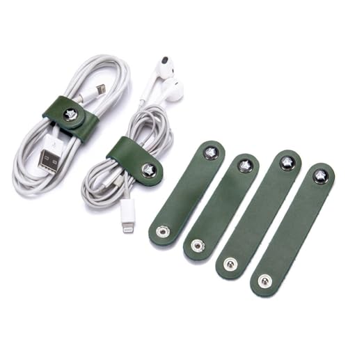 GreatRise 4 Stück Leder Kabelbinder Tragbare Kabelhalter Set Wiederverwendbare Kopfhörer Kabelbinder USB-Kabel Lederband Kabelclips Kabelmanagement für Reise, Zuhause, Schule Und Arbeit Olivgrün von GreatRise