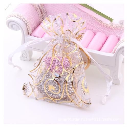 GreatRise 50pcs 10×15cm Organzasäckchen mit Kordelzug Druckt Organzabeutel Hochzeit Geschenktüten Kleine Organza Säckchen Weihnachten Geschenkbeutel Geburtstag Schmuckbeutel Weiß von GreatRise