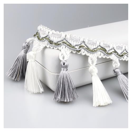 GreatRise 7.5cm Europäische Quasten Trim Band Vintage Quaste Spitzeband Spitze Häkelband mit Fransen Polyesterfaser Fransenborte Fransenband für DIY Basteln Kleidung Vorhang Nähen Grau+Weiß 10 Meter von GreatRise