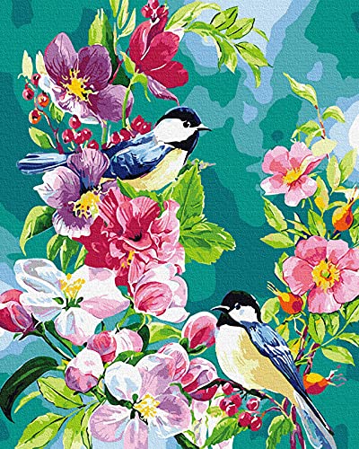 Grebesty DIY Ölgemälde Malen nach Zahlen Kit für Erwachsene, Malen nach Zahlen auf Leinwand für singende Vögel und duftende Blumen, 40 x 50 cm, rahmenlos von Grebesty