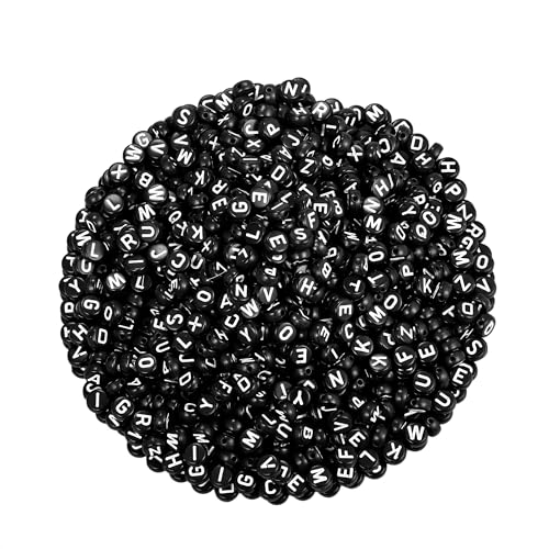 1300 Stück Buchstabenperlen,Zahlenperlen & Herzperlen,Rund Alphabet Spacer Perlen 7 * 4mm Buchstaben Perlen zum Auffädeln mit 10m Elastisch Schmuckfaden (Schwarz) von Gredstar