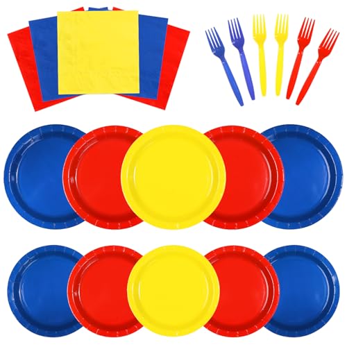 96-teiliges Set aus Desserttellern und Servietten, für Karneval, Party, Rot, Blau, Gelb, Dekoration, Gastgeschenke für Kinder, Babyparty, Hochzeit, Festival, Geburtstag, 24 Stück von Greencian