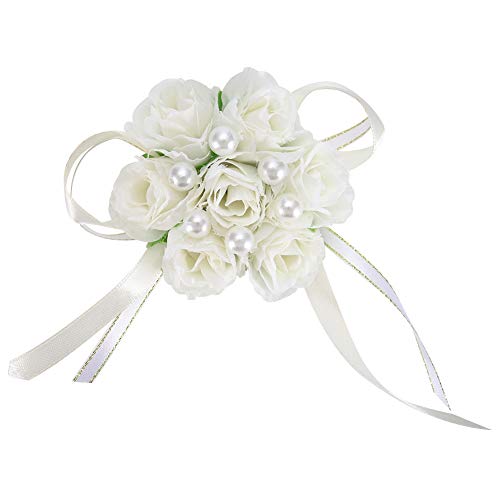 Greensen Hochzeitsarmband Braut Rose Armband Brautjungfer Blumen Handkette, Hochzeitsarmband Corsage Rose Braut Handgelenk Corsage Glänzende Perle Handwear für Fancy Party(Elfenbeinweiß) von Greensen