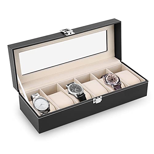 Uhrenbox für 6 Uhren Uhrenschatulle Uhr Organiser mit Glasfenster Uhren Aufbewahrung aus PU Leder und Samt Uhren Aufbewahrungsbox Schmuckschatulle für Schmuckkollektionen 30x11x8cm von Greensen