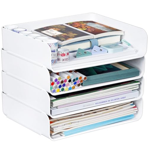 Greentainer 4-Stöckige Ablagekorb für A4, Dokumentenablage aus PET Kunststoff, Stapelbare Schreibtisch Organizer Briefkorb, Briefablage,A4-Papierablage für Zuhause,Büro,Schule(4pcs Weiß) von Greentainer