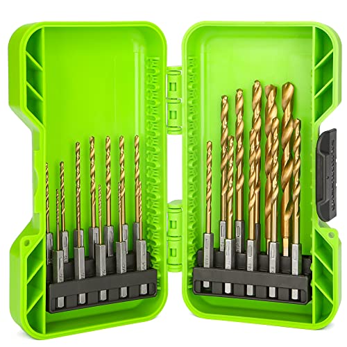 Greenworks 22-teiliges 1/4-Zoll-Bohrer-Set mit Sechskantschaft, vollständig geschliffene HSS-Konstruktion, Titanbeschichtung, hart, scharf, langlebig, 135°-Spaltspitze, geformtes Kunststoffgehäuse Greenworks 22-teiliges 1/4-Zoll-Bohrer-Set mit Sechskantschaft, vollständig geschliffene HSS-Konstruktion, Titanbeschichtung, hart, scharf, langlebig, 135°-Spaltspitze, geformtes Kunststoffgehäuse von Greenworks
