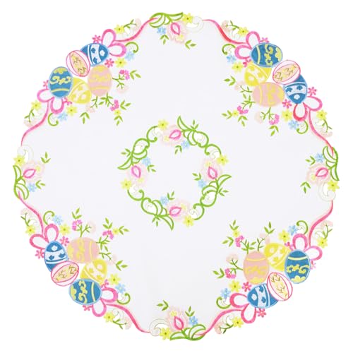 Grelucgo Bestickte bunte Eier-Tischdecke für Osterferien, Frühling, saisonale Esstischdekoration (rund, 86,4 cm) von Grelucgo