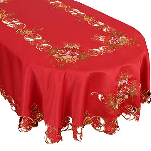 Grelucgo Bestickte Tischdecke für Weihnachten, oval, 152,4 x 213,3 cm, Rot von Grelucgo