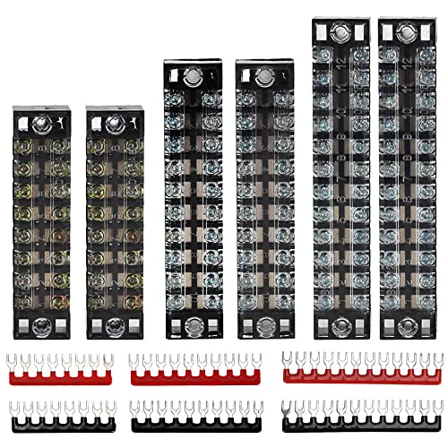 Greluma Klemmenblock und Streifen – 6 Sets 8/10/12 Positionen 600V 15A Zweireihiger Schraubklemm-Leisten-Block mit Abdeckung + 400 V 10 A vorisolierte Klemmen Absperrstreifen Jumper von Greluma