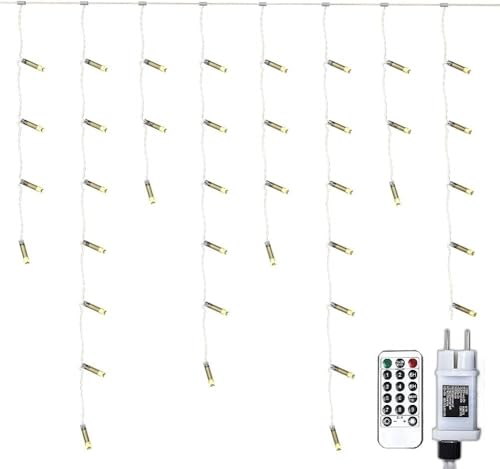Gresonic 200/400/600er LED 5m/10m/15m Eisregen Lichterkette Lichtervorhang Eiszapfen Außen Innen Deko Strombetrieben[Energieklasse A+] (600LED 15m, Warmweiß Blink-Modi Dimmbar) von Gresonic