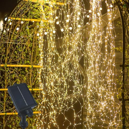Gresonic Solar 100er Kupferdraht Lichterkette Außen Wasserfall Lichterbündel LED Lichterschweif, Wasserdichte Lichterstrang für Gießkanne kinderzimmer camping balkon Aussen und Innen Warmweiß von Gresonic