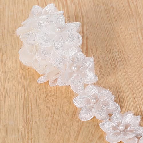 2 Yard 3D Organza Blumenbesatz Stoffblumen Kantenbesatz Bestickter Applikationsstoff Blumenband Gänseblümchen Dekoband Borten Und Bänder Zum Nähen für Hochzeit Deko Handwerk Nähen Deko von Grevosea