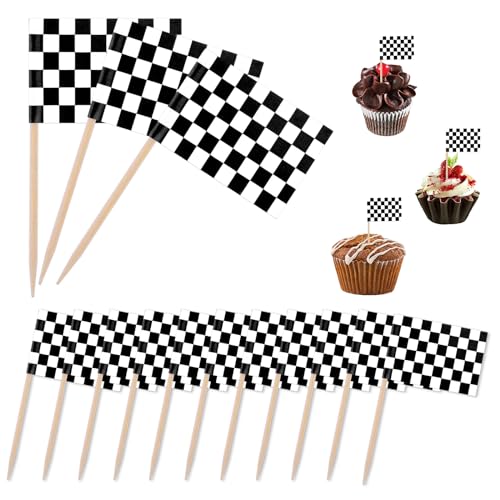 Grevosea 96 Stück Karierte Schwarz Weiße Zahnstocher Flaggen Checkered Racing Flagge Party Cupcake Picks Topper Kuchen Topper Kuchen Deko für Party, Bar, Sportveranstaltungen von Grevosea