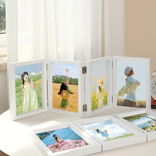 Grewod Bilderrahmen Familie 10x15 cm, 4 Klappbar Weiß, Fotorahmen aus Holz MDF & Glas, Rechteck, Vertikal zum Aufstellen von Grewod