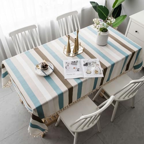 Grewod Tischdecke Modern Esstisch, 140x240cm, Blau Grau Weiß, Rechteckig, Baumwolle Leinen Streifen Tischtuch Grewod Tischdecke Modern Esstisch, 140x240cm, Blau Grau Weiß, Rechteckig, Baumwolle Leinen Streifen Tischtuch von Grewod