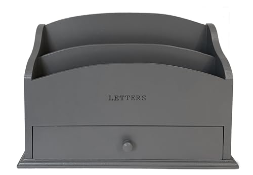 GreyZouq Briefablage aus Holz Home Office, Arbeitszimmer, Flur Arbeitszimmer Zwei Fächer für Briefe und praktische Schublade für Schreibwaren Vintage / Contemporary Letters getippter Text (dunkelgrau) von GreyZook