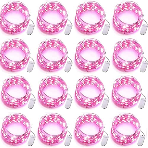 Grezea 16 Stück rosa Lichterketten, batteriebetrieben, 3 m, 30 LEDs, Einmachglas, wasserdichte Glühwürmchen-Lichter, Silberdraht, Mini-LED-Lichter zum Basteln, Flaschenvasen, Blume, Valentinstag von Grezea