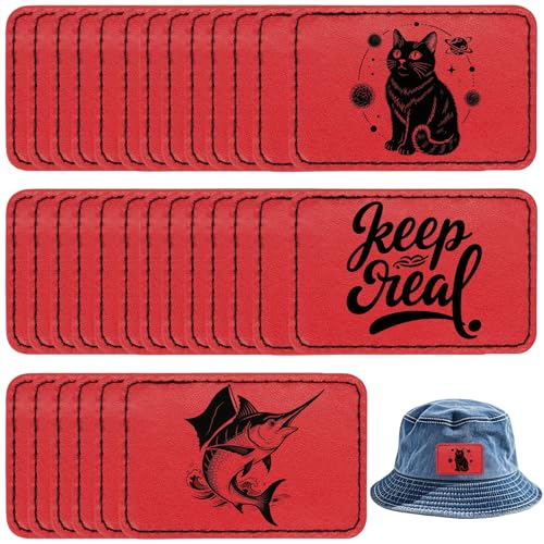 50 Stück blanko Kunstleder-Hut-Patches mit Klebstoff, rechteckig, laserbar, Kunstleder-Patches für Hüte, individuelle Stoffreparatur, Nähen, Laserzubehör (7,6 x 5,1 cm, Rot) von GrliTra