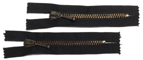 2 Reißverschlüsse Metall für Jeans 10 cm schwarz altmessing mit Schmuckzipper von Großhandel für Schneiderbedarf