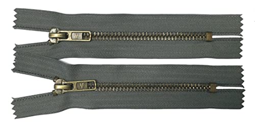 2 Reißverschlüsse Metall für Jeans 12 cm grau altmessing von Großhandel für Schneiderbedarf