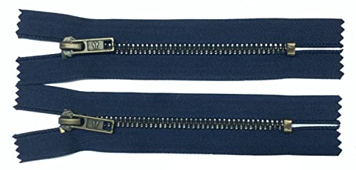 2 Reißverschlüsse Metall für Jeans 14 cm dunkelblau altmessing von Großhandel für Schneiderbedarf