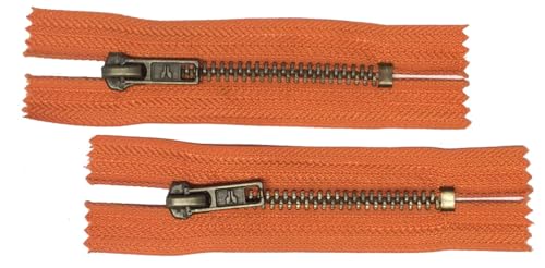 2 Reißverschlüsse Metall für Jeans 8 cm orange/altmessing… von Großhandel für Schneiderbedarf