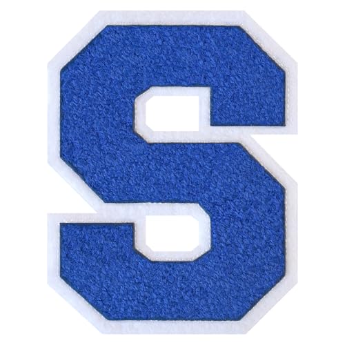 GROZON Blauer Chenille-Buchstaben-Aufnäher, groß, zum Aufbügeln, Letterman, Jacke, Patch, Varsity-Patch, zum Aufnähen, Chenille, bestickter Aufnäher für Kleidung von Grozon