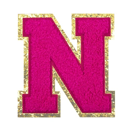 Grozon Glitzer-Aufnäher, zum Aufbügeln, Chenille, Buchstaben-Patches, 11,4 cm, große Buchstaben-Patches für Kleidung/Kostüm/Preppy/Team/Dekoration (Goldrand, Rosa-N) von Grozon