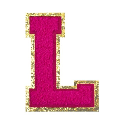 Grozon Glitzer-Aufnäher, zum Aufbügeln, Chenille, Buchstaben-Patches, 11,4 cm, große Buchstaben-Patches für Kleidung/Kostüm/Preppy/Team/Dekoration (Goldrand, Rosa-L) von Grozon