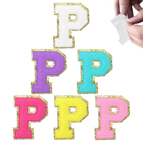 Selbstklebende Chenille-Buchstaben-Aufnäher, zum Aufkleben, Glitzer, adrette Buchstaben-Flicken für Rucksäcke, Kleidung, Hüte, Handwerk, Laptop, Handyhülle, 6 Stück (Glitzer-P) von Grozon