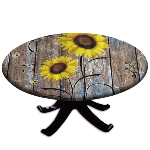 Grstplnk Runde Tischdecke mit Sonnenblumen-Motiv mit elastischem Rand, rustikales Blumenmuster auf brauner Tür, Stretch-Tischdecke für Abendessen, Outdoor, Picknick, passend für Tische mit einem von Grstplnk
