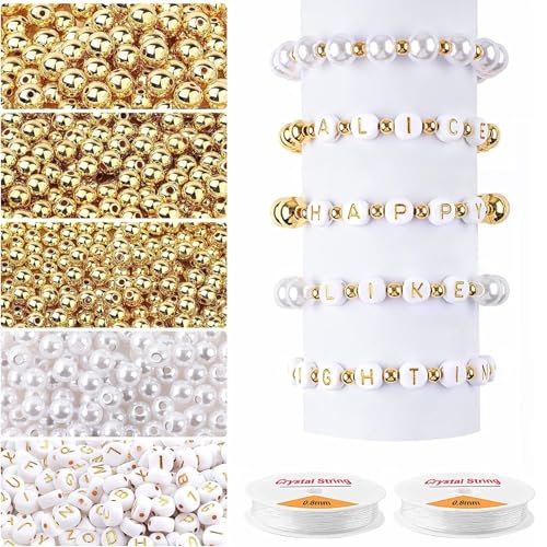 1800pcs Armband Perlen, Plastikarmband -Making -Kit enthält goldene runde Abstandshalterperlen, glatte lose Kugel, Alphabet, weiße Perlen für DIY -Handwerksschmuck Herstellung von Grtheenumb