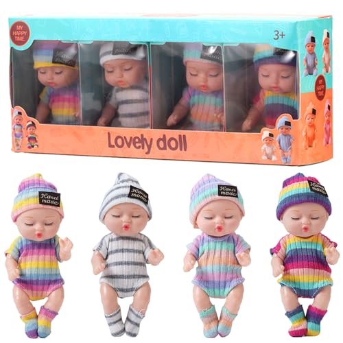 Mini Babypuppen 4pcs 4 Zoll realistisch schlafend kleine Babypuppen mit Kleidung auf 4 Farben bewegliche Gelenk winzige Puppe, Geschenke für Mädchen, gestreifte Kleidung Baby von Grtheenumb